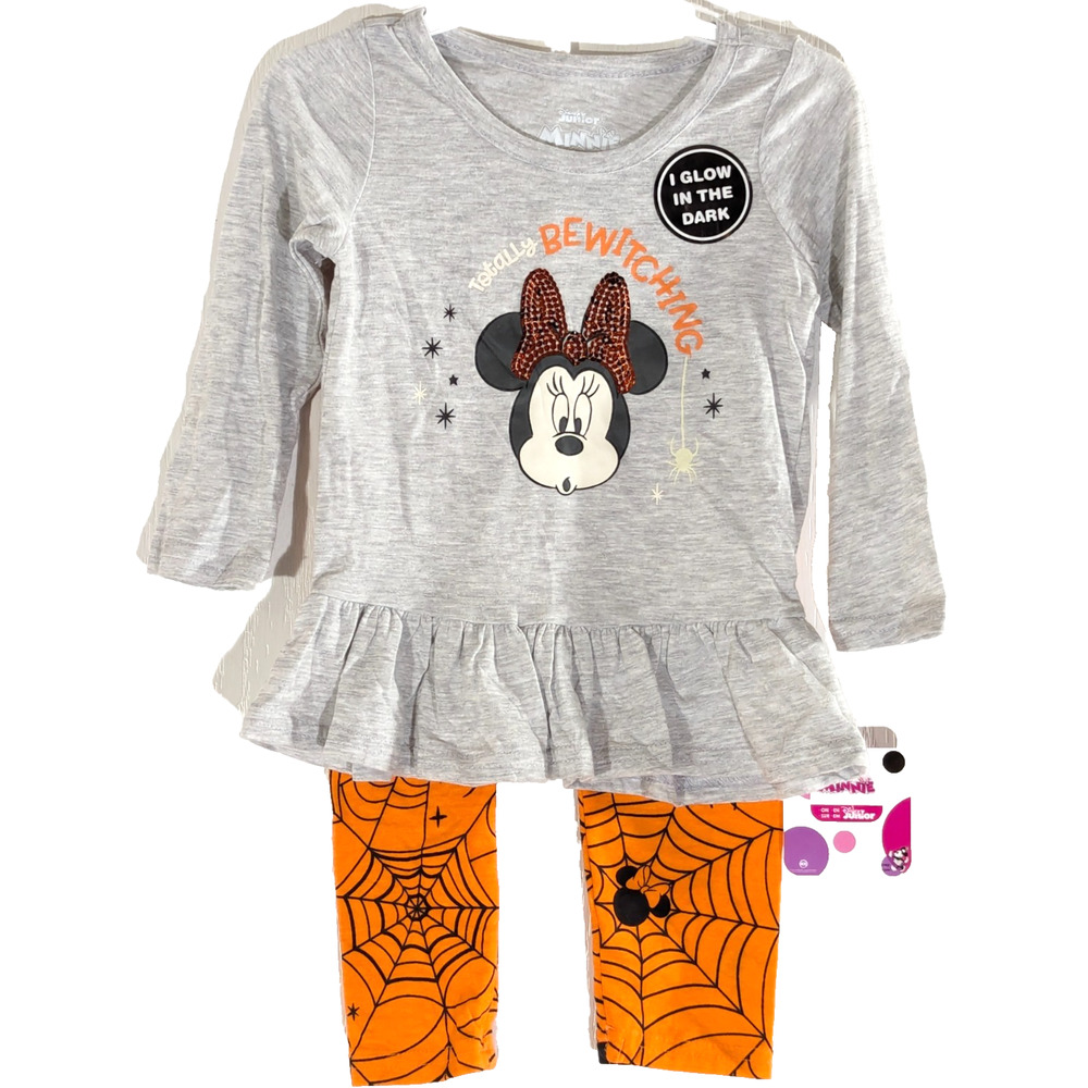 Disney Minnie Mouse Halloween Outfit Glow in Dark Top Spiderweb Leggings 24M NWT